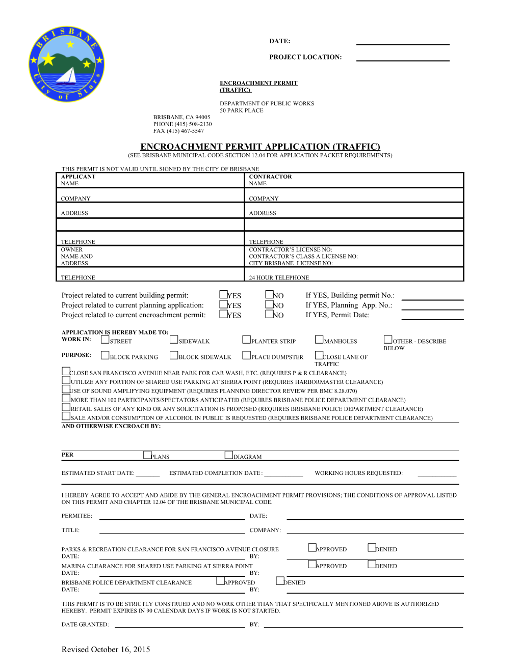 Encroachment Permit Application (Traffic)