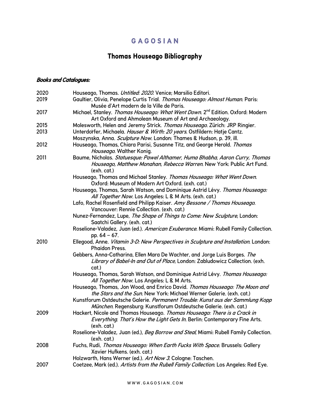 Thomas Houseago Bibliography