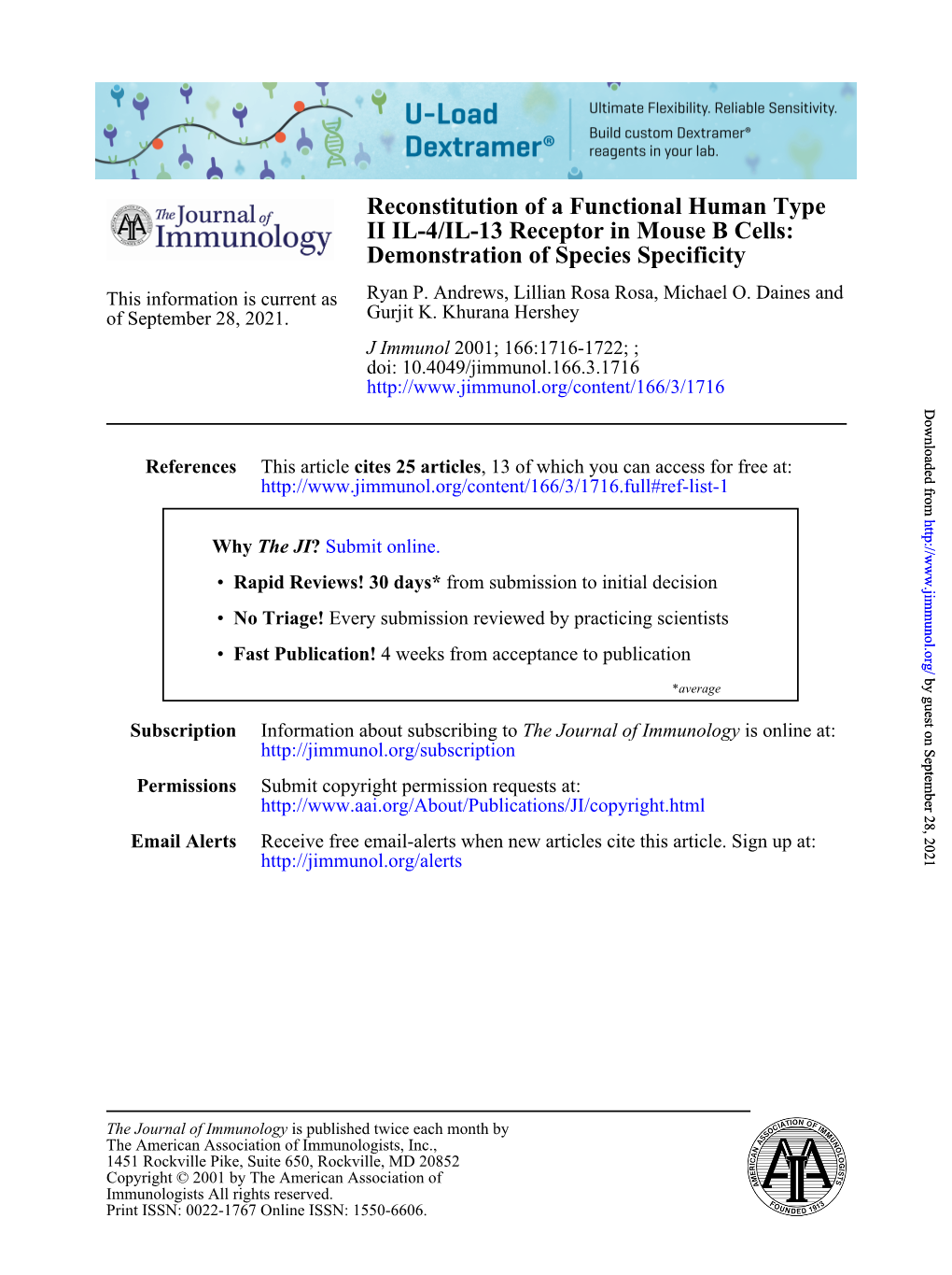 Demonstration of Species Specificity II IL-4/IL-13 Receptor in Mouse B Cells: Reconstitution of a Functional Human Type