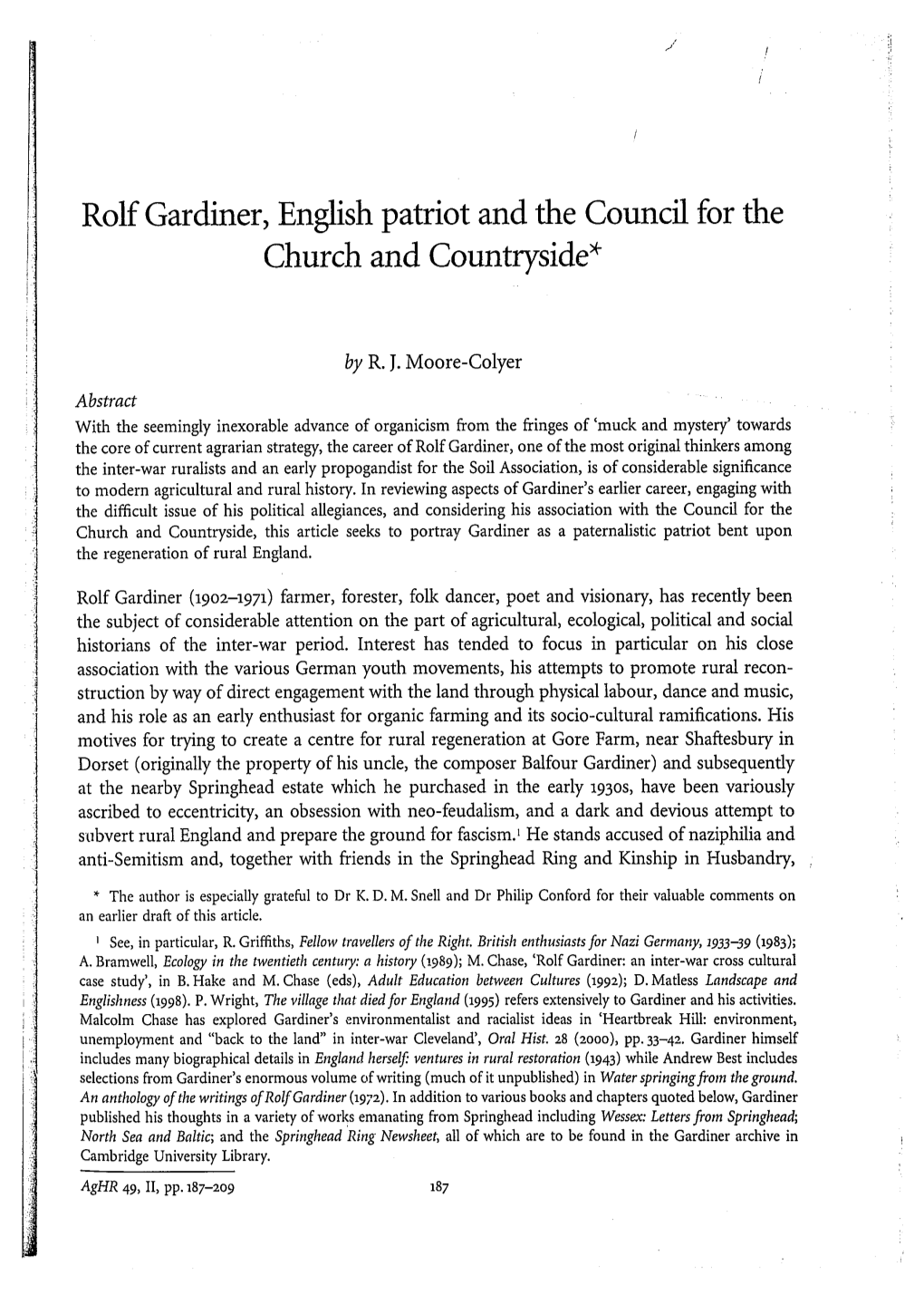 Rolf Gardiner, English Patriot and the Council for the Church and Countryside*