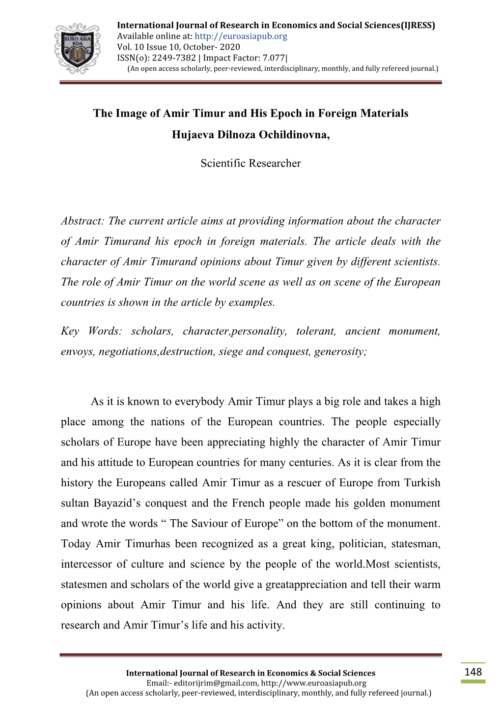 148 the Image of Amir Timur and His Epoch in Foreign Materials Hujaeva