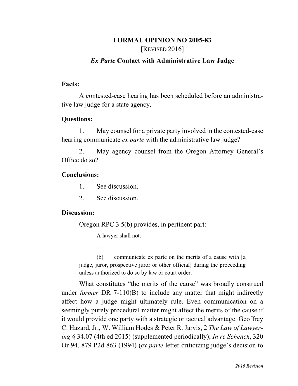 2005-83: Ex Parte Contact with Administrative Law Judge