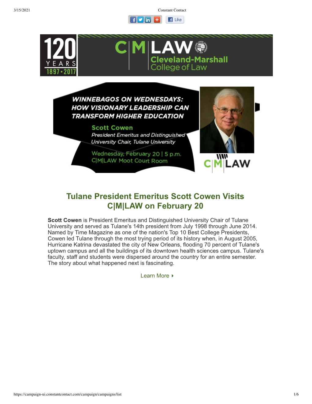 Tulane President Emeritus Scott Cowen Visits C|M|LAW on February 20