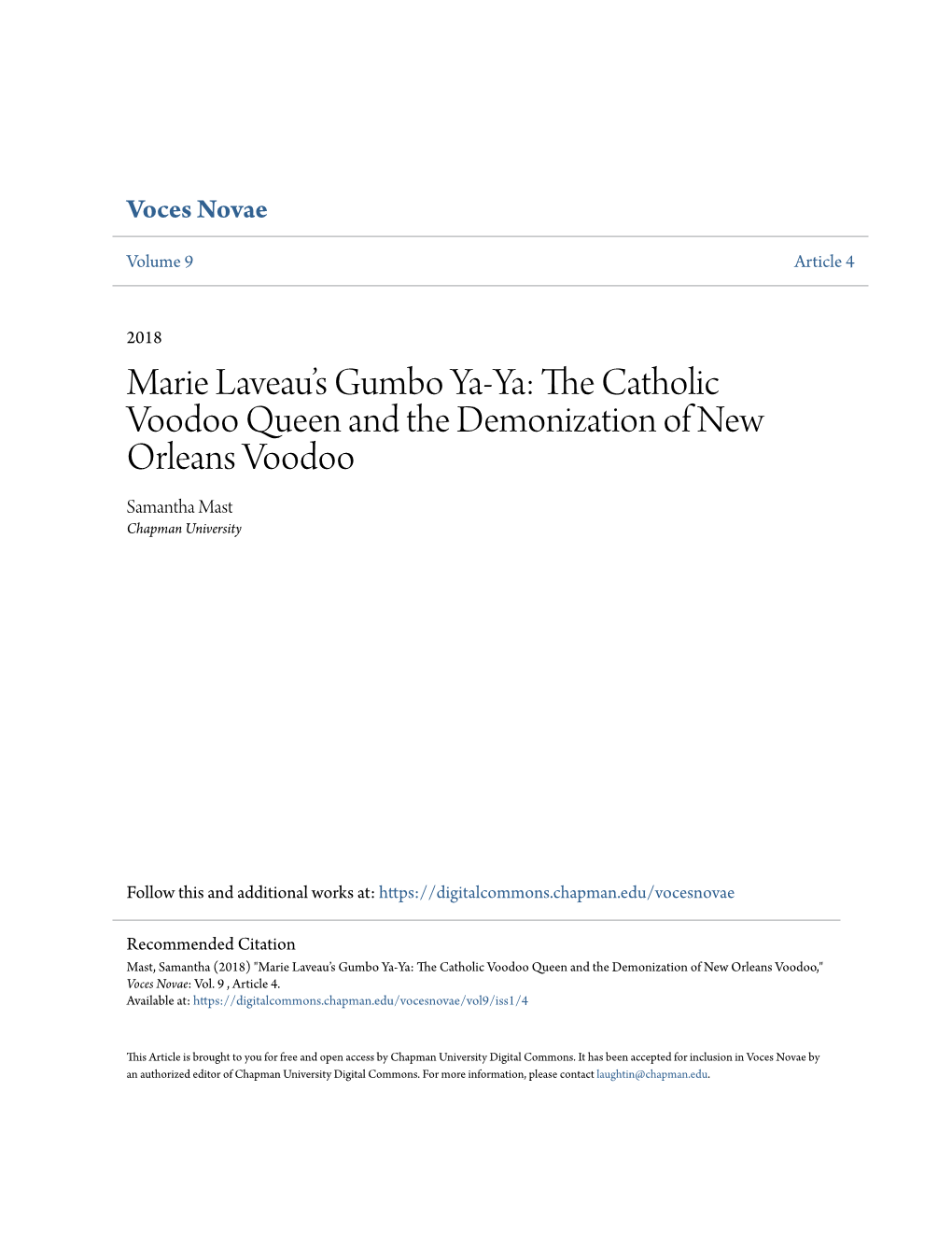 Marie Laveauâ•Žs Gumbo Ya-Ya: the Catholic Voodoo Queen and The