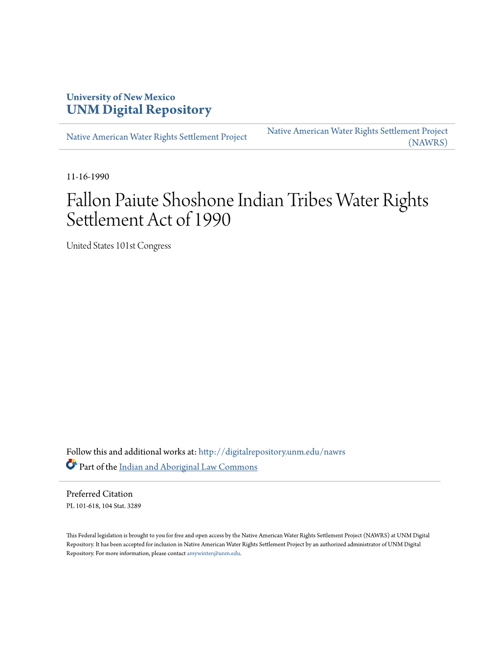 Fallon Paiute Shoshone Indian Tribes Water Rights Settlement Act of 1990 United States 101St Congress