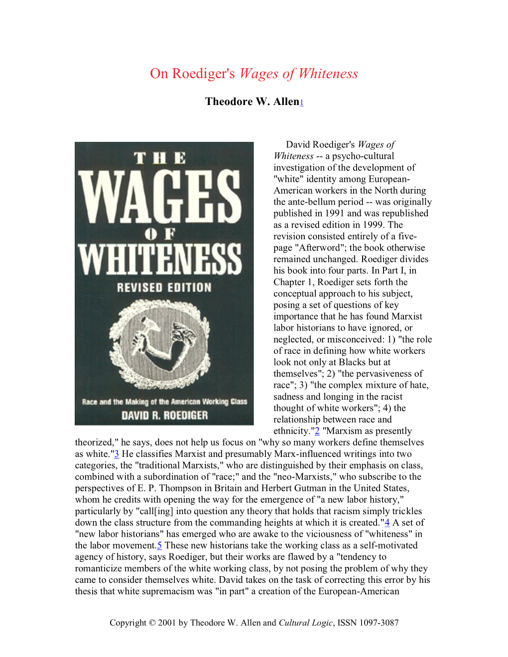 Allen: "On Roedigger's 'Wages of Whiteness'"