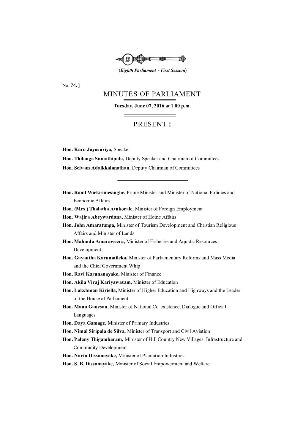 Minutes of Parliament Present