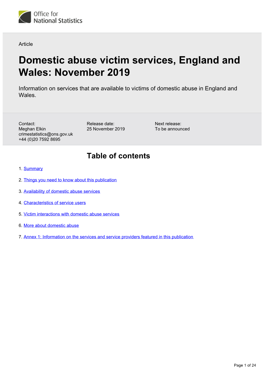 Domestic Abuse Victim Services, England and Wales: November 2019