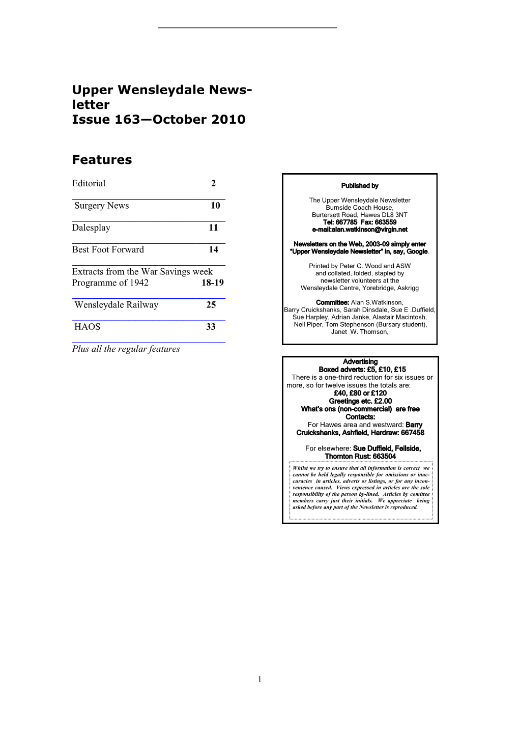 Upper Wensleydale News- Letter Issue 163—October 2010 Features