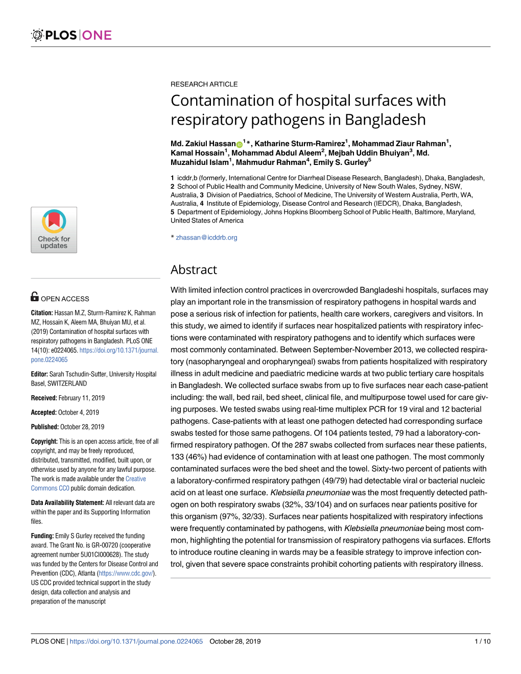 Contamination of Hospital Surfaces with Respiratory Pathogens in Bangladesh