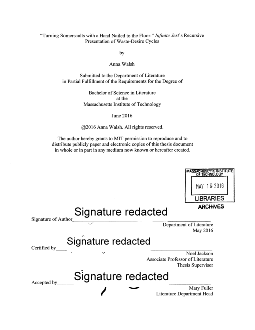 Signature Redacted ARCNIVS Department of Literature May 2016