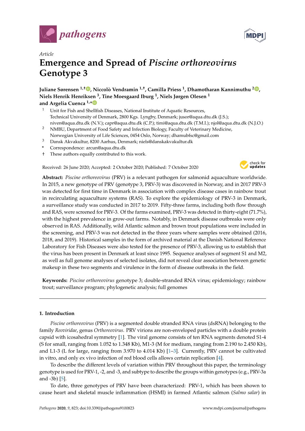 Emergence and Spread of Piscine Orthoreovirus Genotype 3