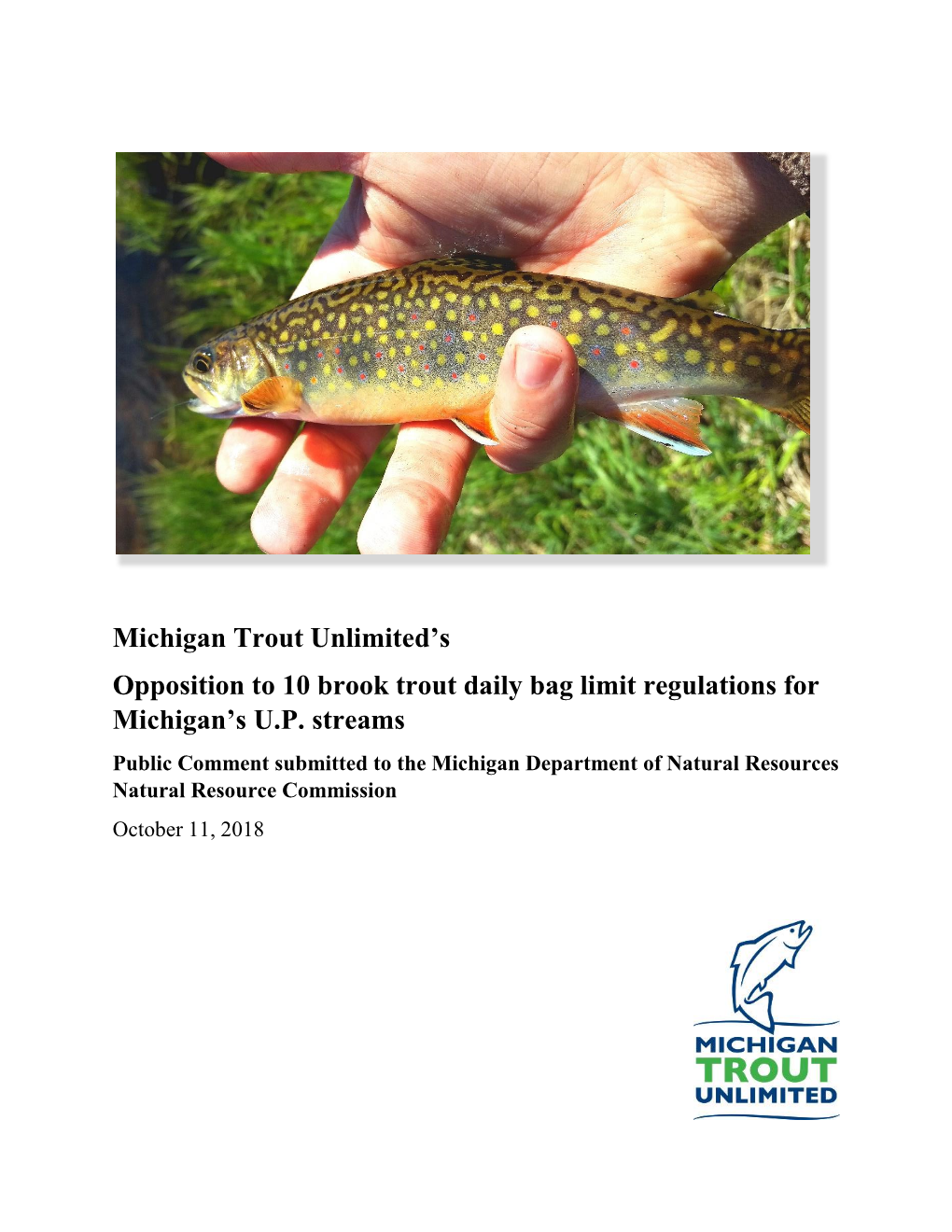 Michigan Trout Unlimited Opposition to Ten Brook Trout Limit