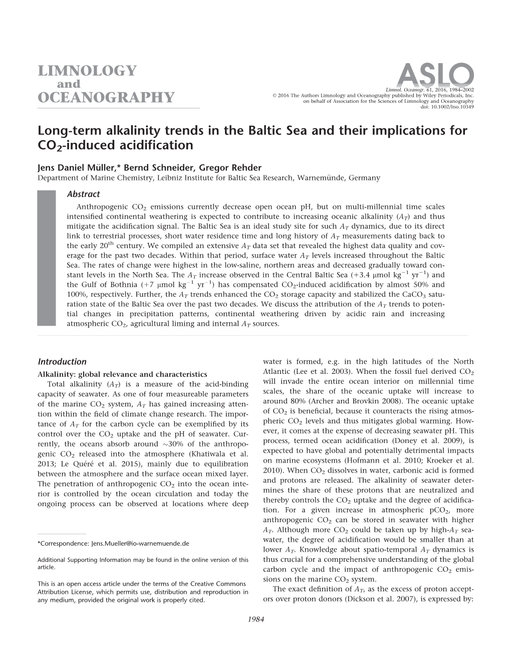 Term Alkalinity Trends in the Baltic Sea and Their Implications for CO2‐