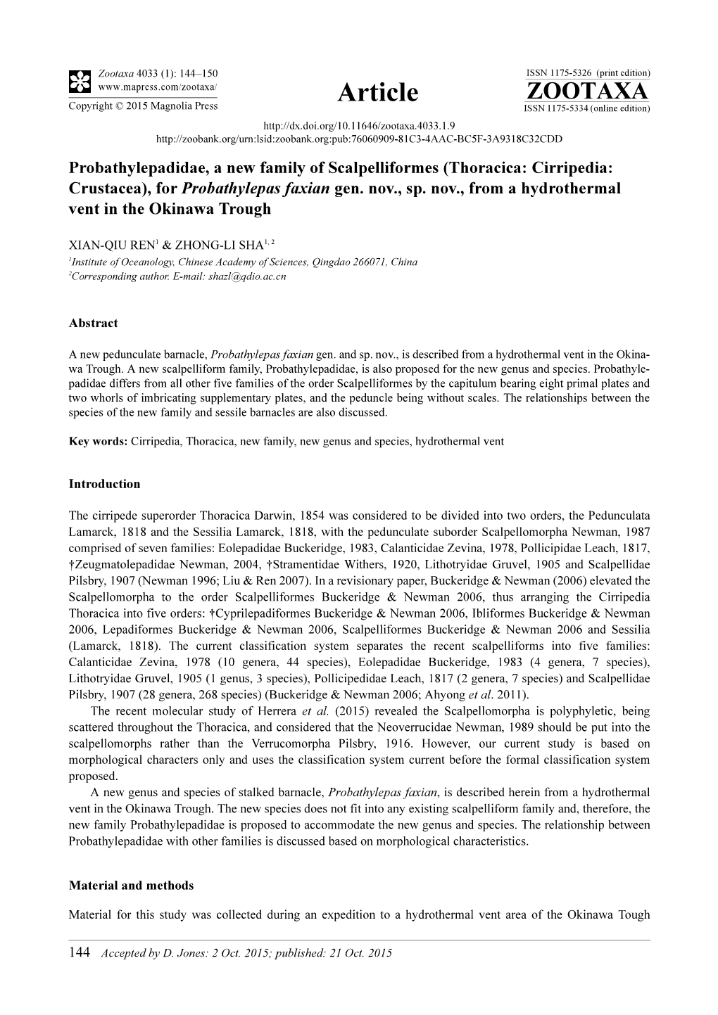 (Thoracica: Cirripedia: Crustacea), for Probathylepas Faxian Gen