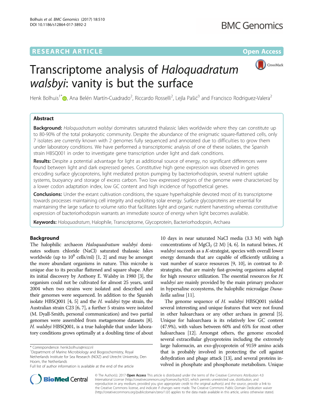 Transcriptome Analysis of Haloquadratum Walsbyi: Vanity Is but the Surface