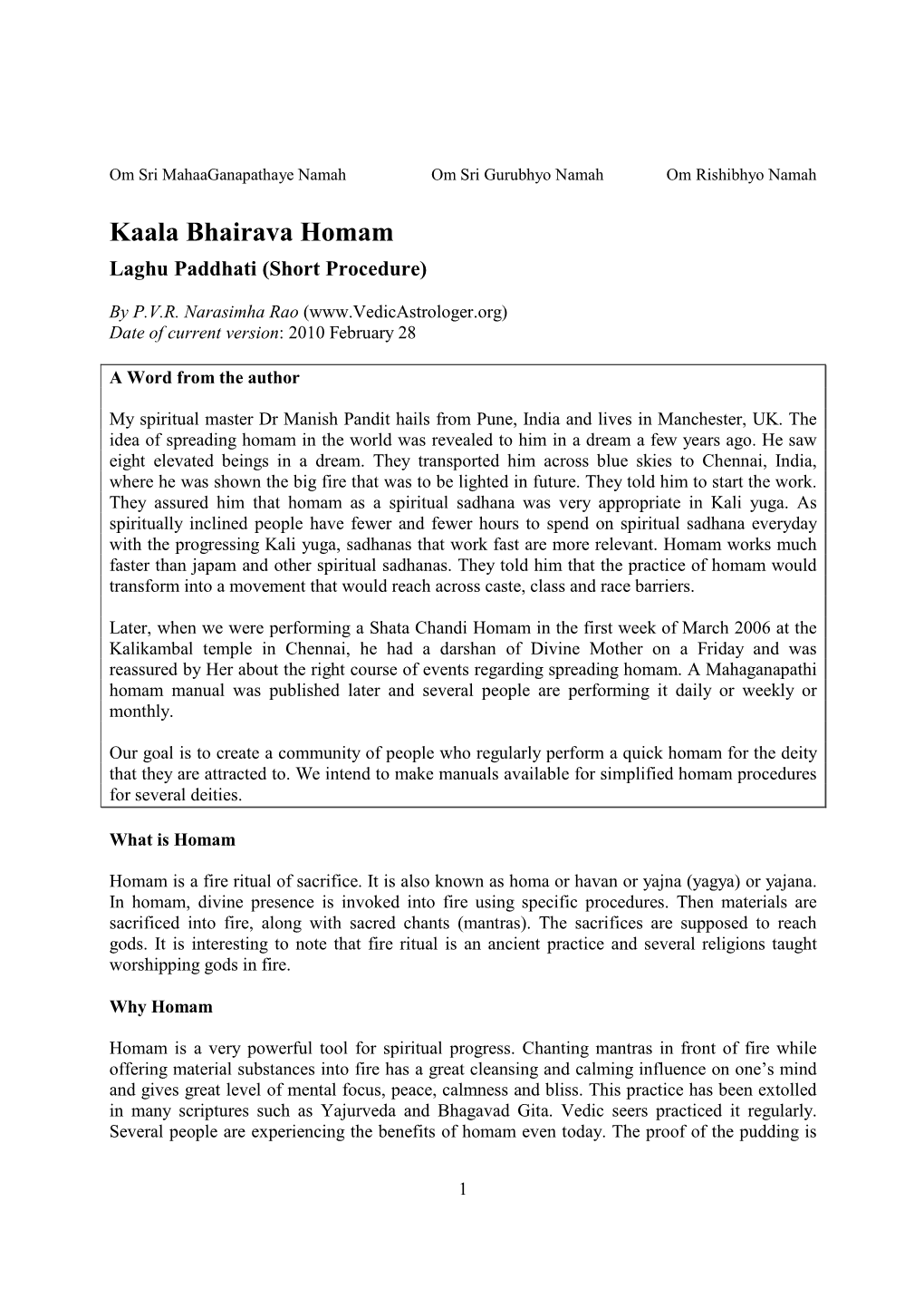 Kaala Bhairava Homam Laghu Paddhati (Short Procedure)