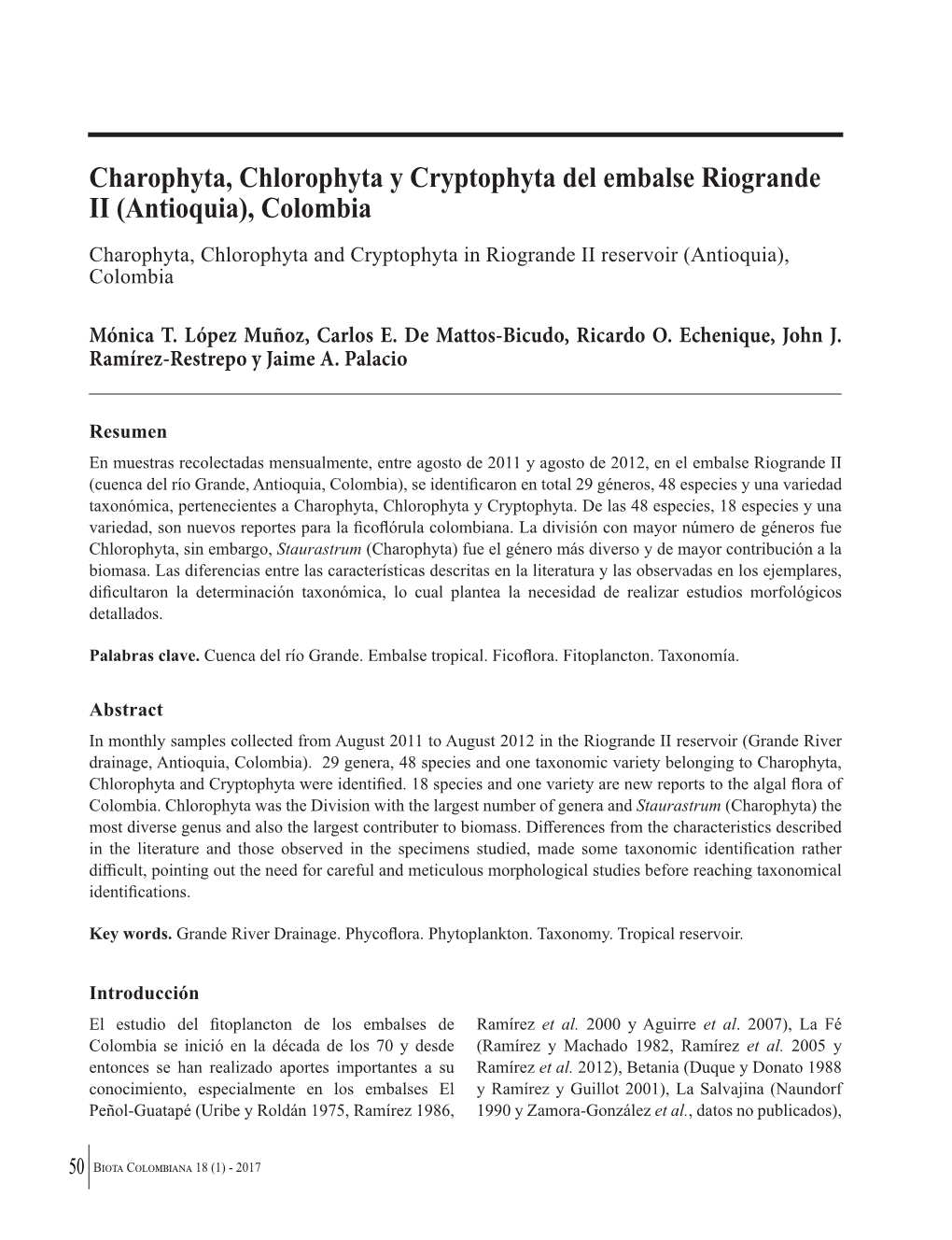 Charophyta, Chlorophyta Y Cryptophyta Del Embalse Riogrande II (Antioquia), Colombia