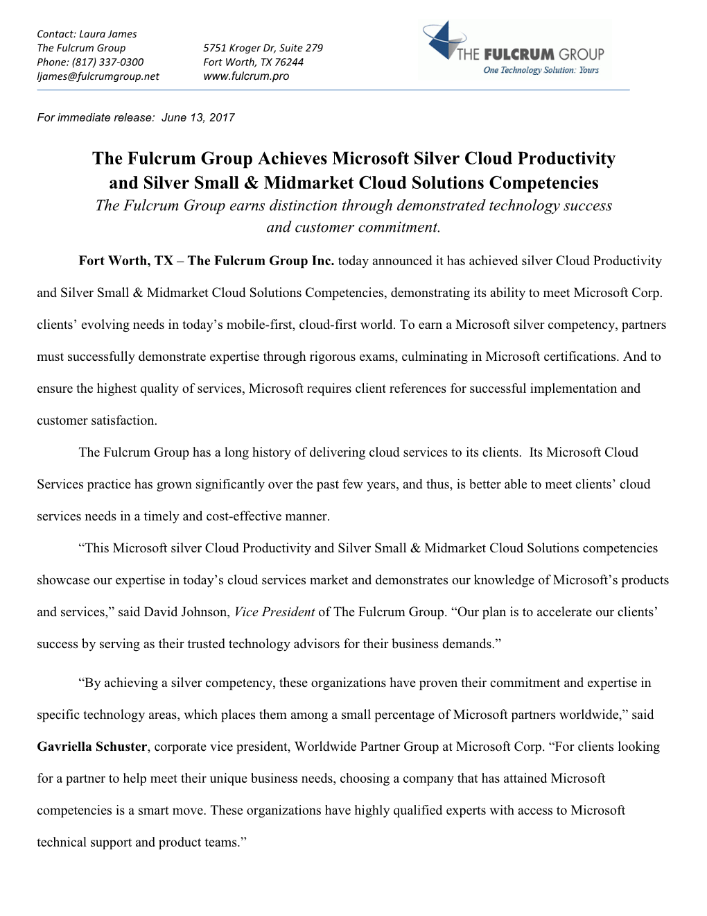 The Fulcrum Group Achieves Microsoft Silver Cloud Productivity