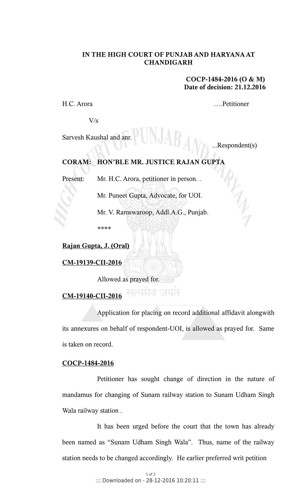 (O & M) Date of Decision: 21.12.2016 HC Arora