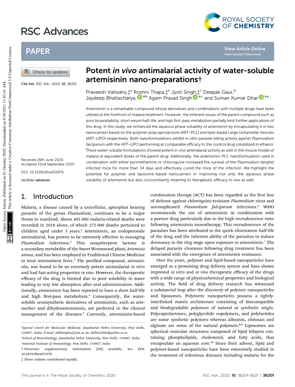 Potent in Vivo Antimalarial Activity of Water-Soluble Artemisinin Nano