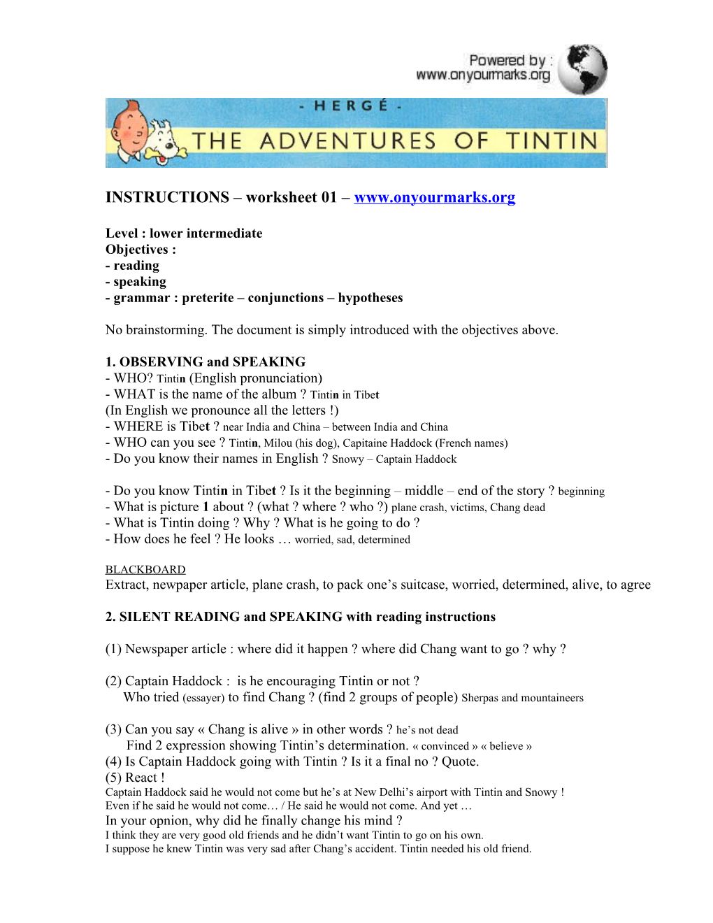 TINTIN in TIBET by Hergé Worksheet 01