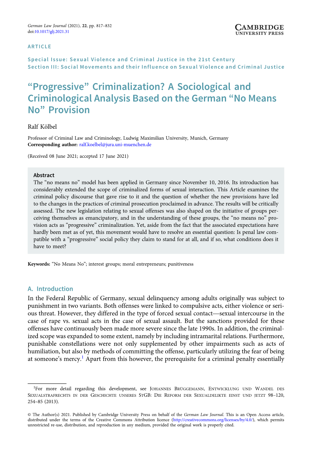 “Progressive” Criminalization? a Sociological and Criminological Analysis Based on the German “No Means No” Provision