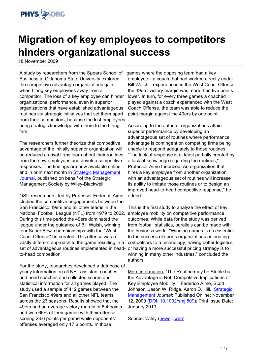 Migration of Key Employees to Competitors Hinders Organizational Success 18 November 2009