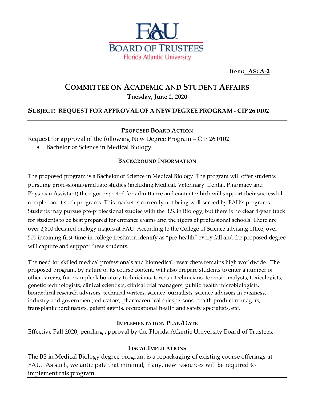 COMMITTEE on ACADEMIC and STUDENT AFFAIRS Tuesday, June 2, 2020