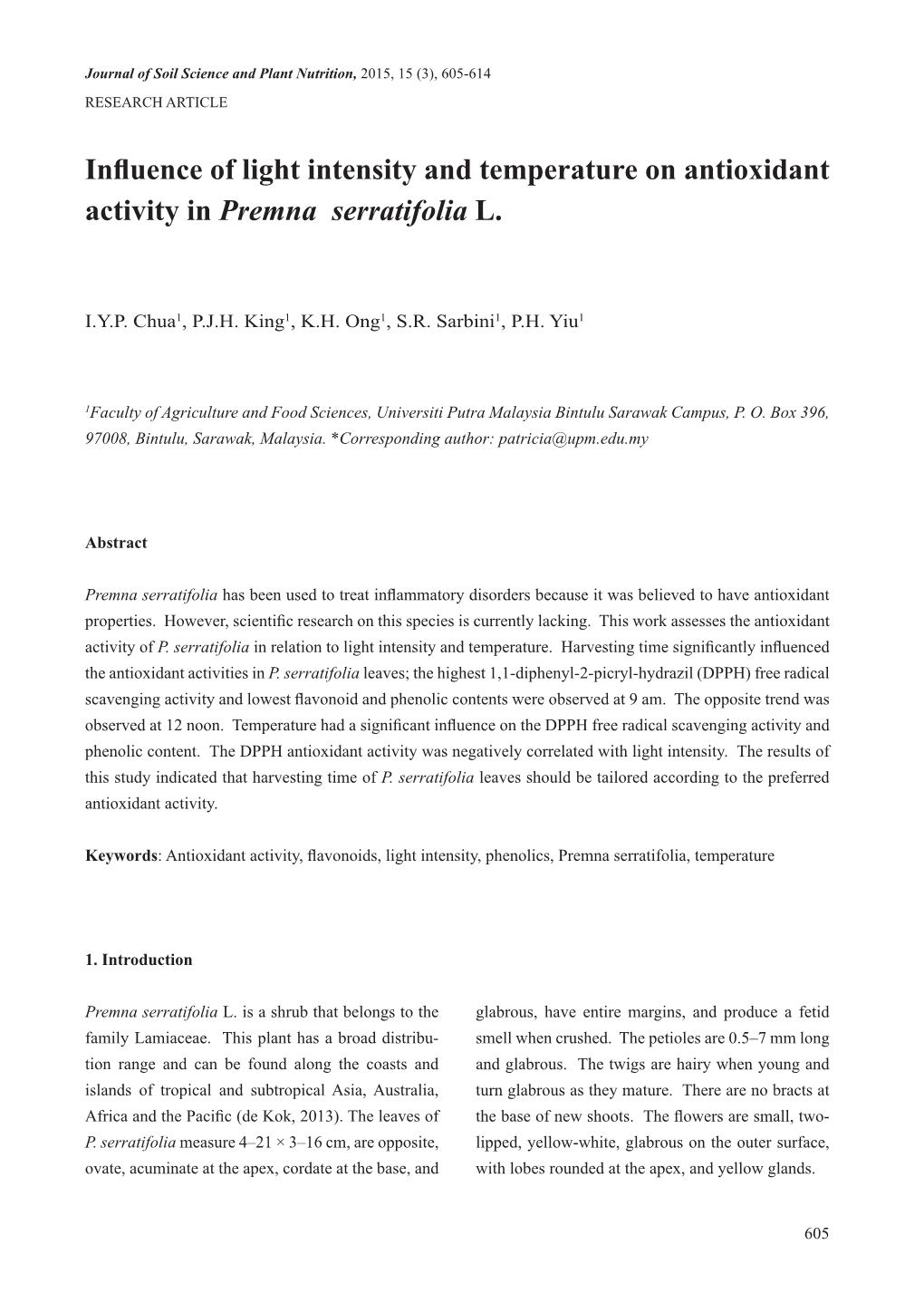 Influence of Light Intensity and Temperature on Antioxidant Activity in Premna Serratifolia L