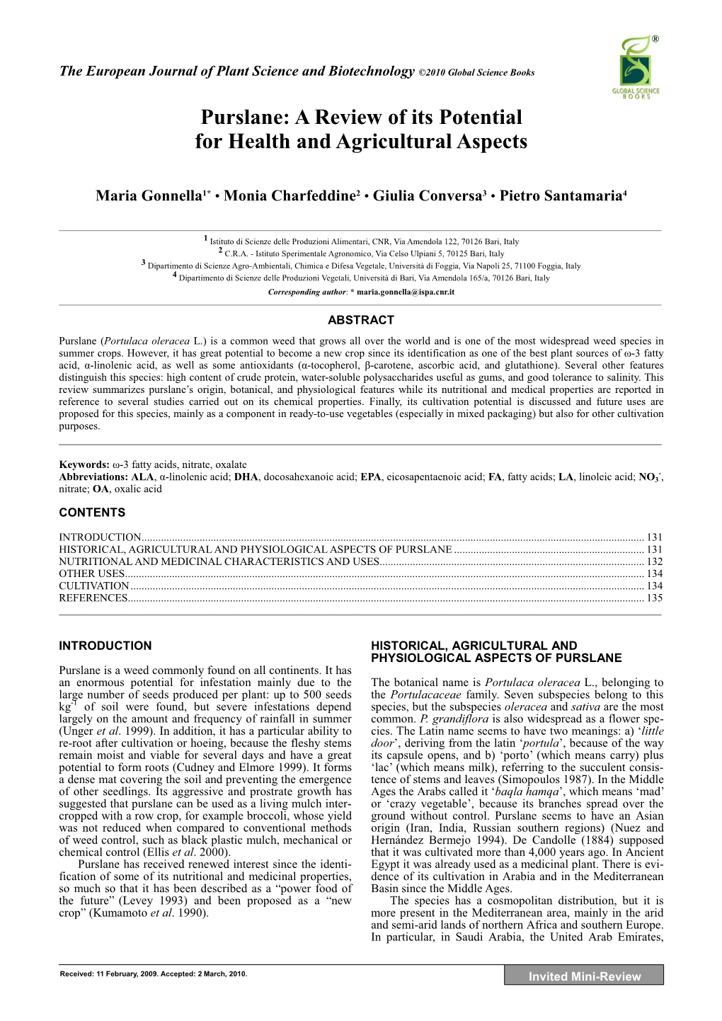 Purslane: a Review of Its Potential for Health and Agricultural Aspects