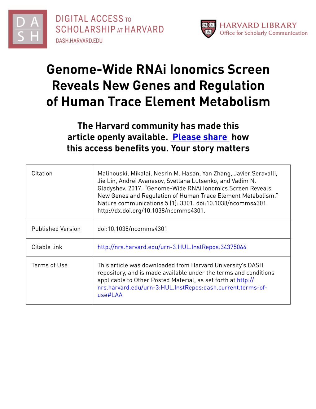Genome-Wide Rnai Ionomics Screen Reveals New Genes and Regulation of Human Trace Element Metabolism