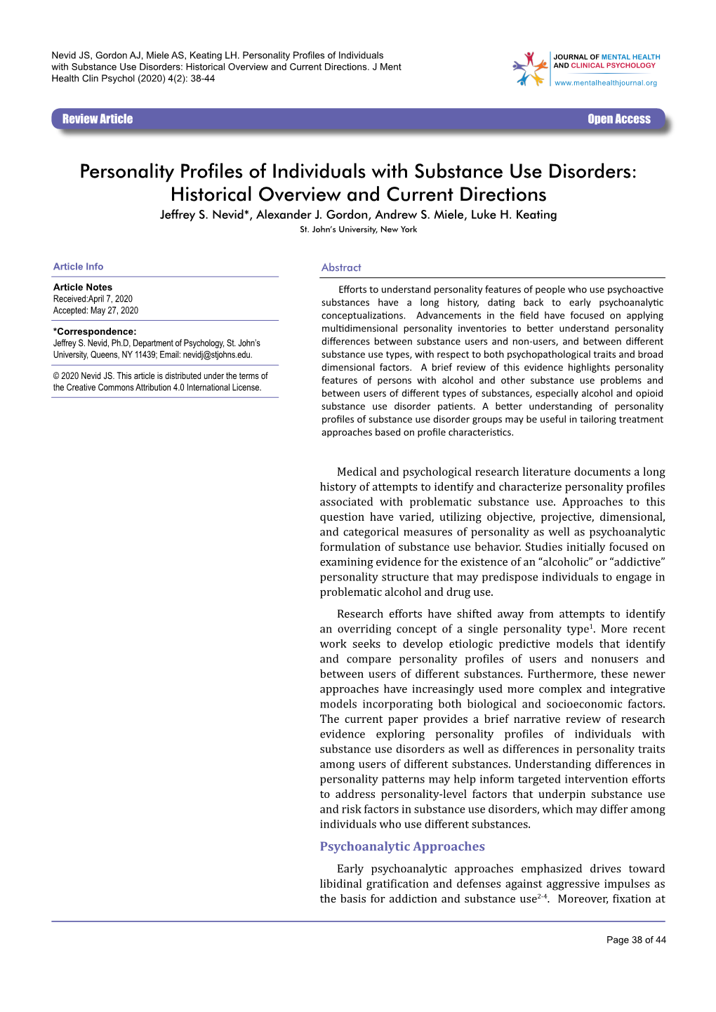 Personality Profiles of Individuals with Substance Use Disorders: Historical Overview and Current Directions Jeffrey S