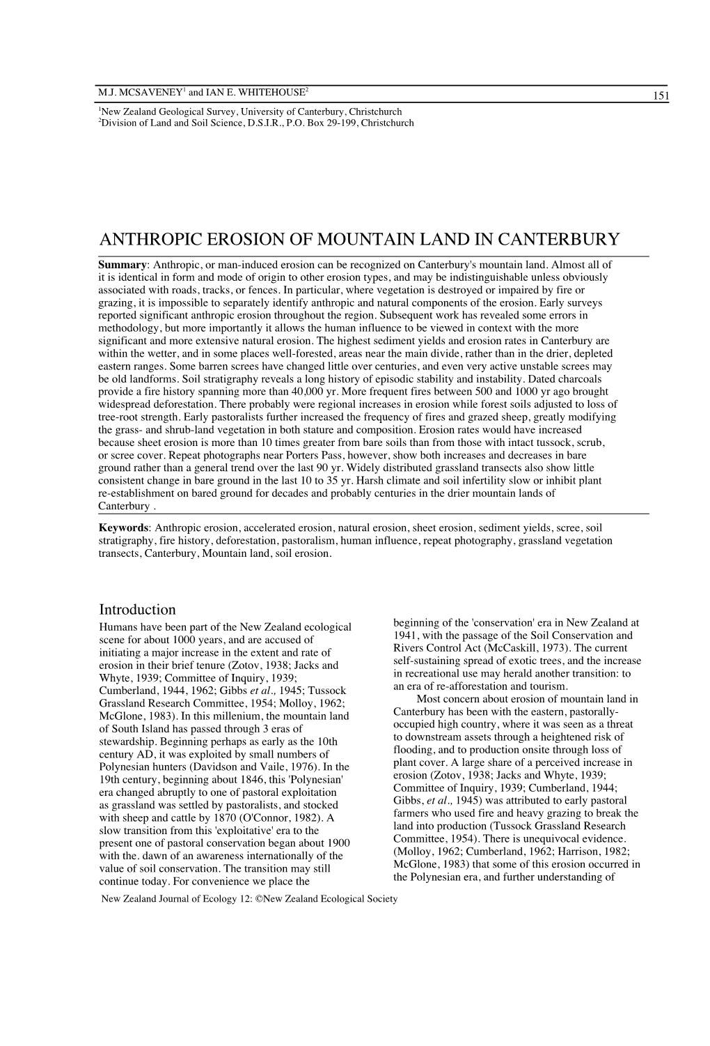 ANTHROPIC EROSION of MOUNTAIN LAND in CANTERBURY Summary: Anthropic, Or Man-Induced Erosion Can Be Recognized on Canterbury's Mountain Land