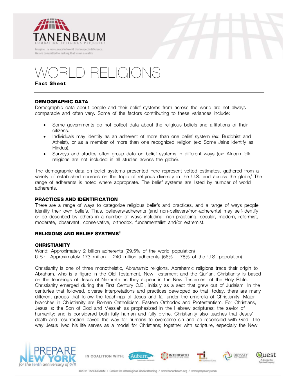 WORLD RELIGIONS Fact Sheet