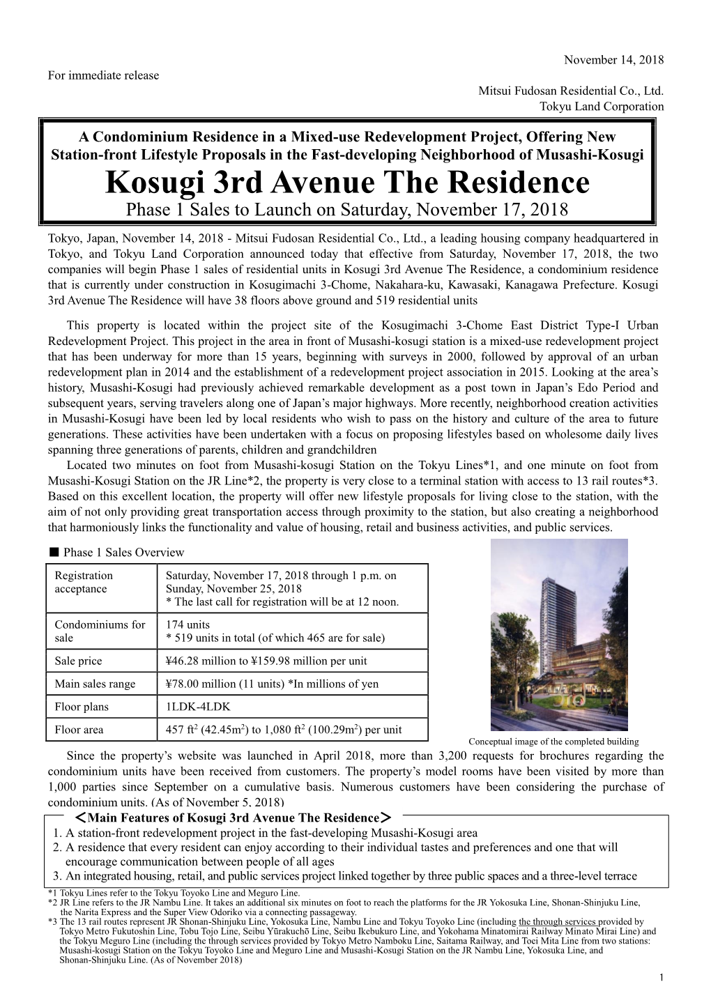 Kosugi 3Rd Avenue the Residence Phase 1 Sales to Launch on Saturday, November 17, 2018