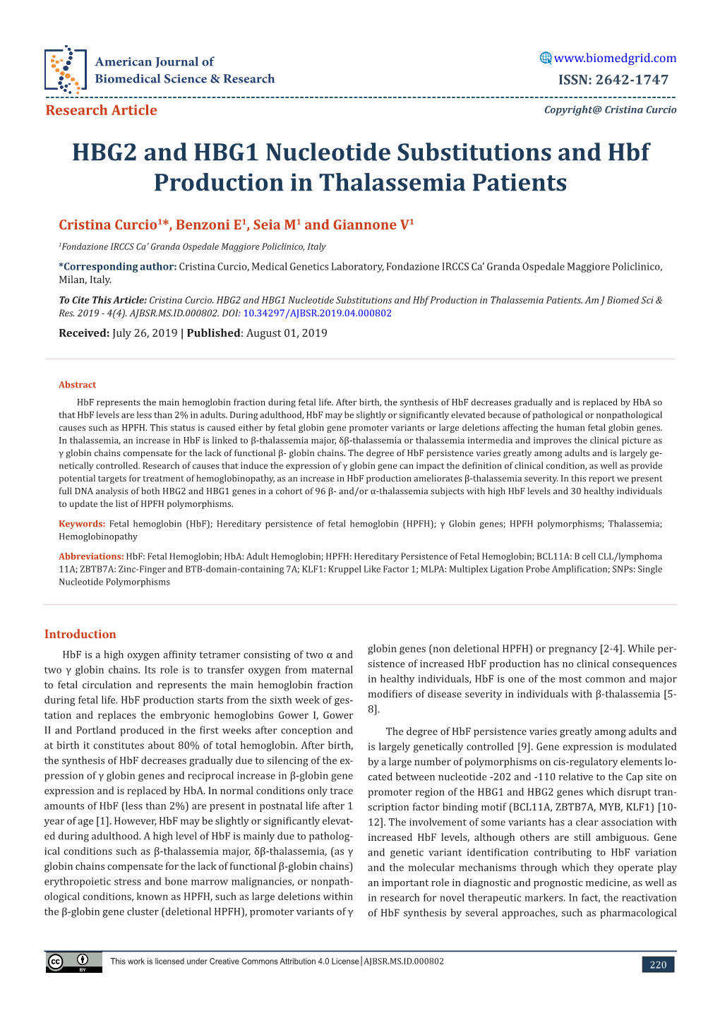 HBG2 and HBG1 Nucleotide Substitutions and Hbf Production in Thalassemia Patients