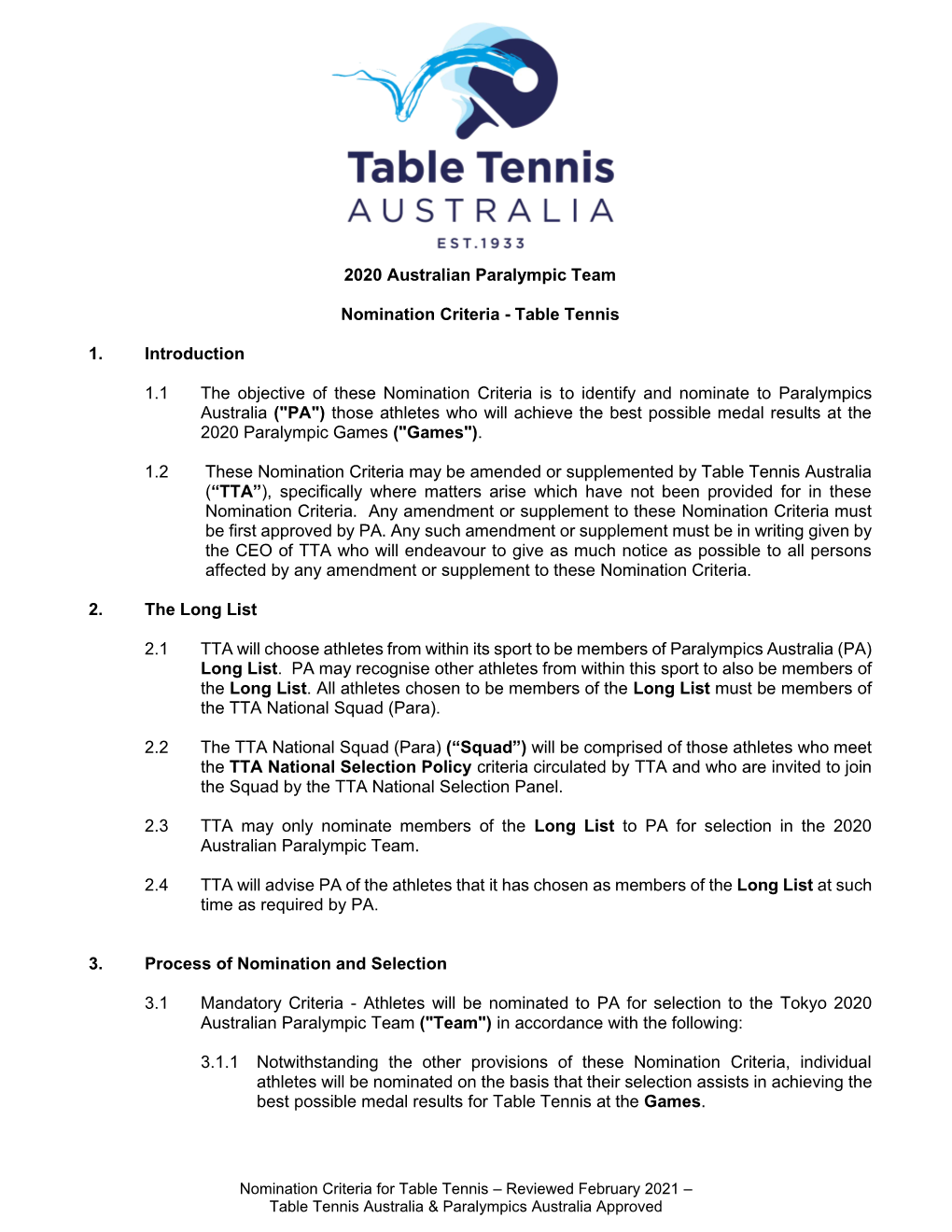 Para-Table Tennis Nomination Criteria