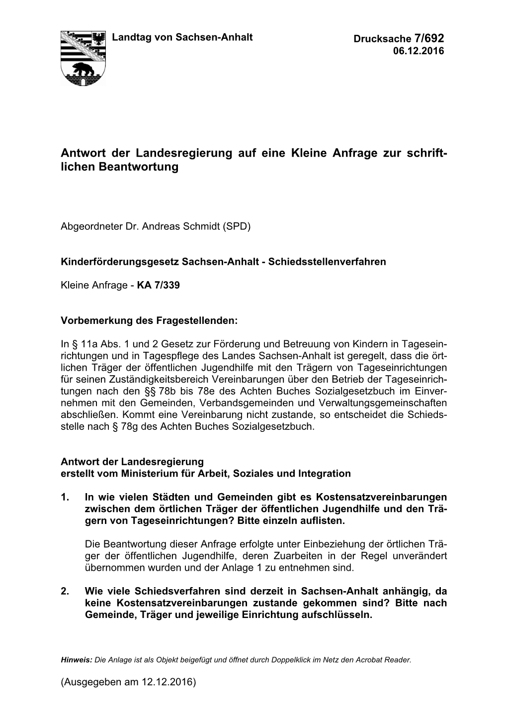 Antwort Der Landesregierung Zur Kleinen Anfrage Kinderförderungsgesetz Sachsen-Anhalt