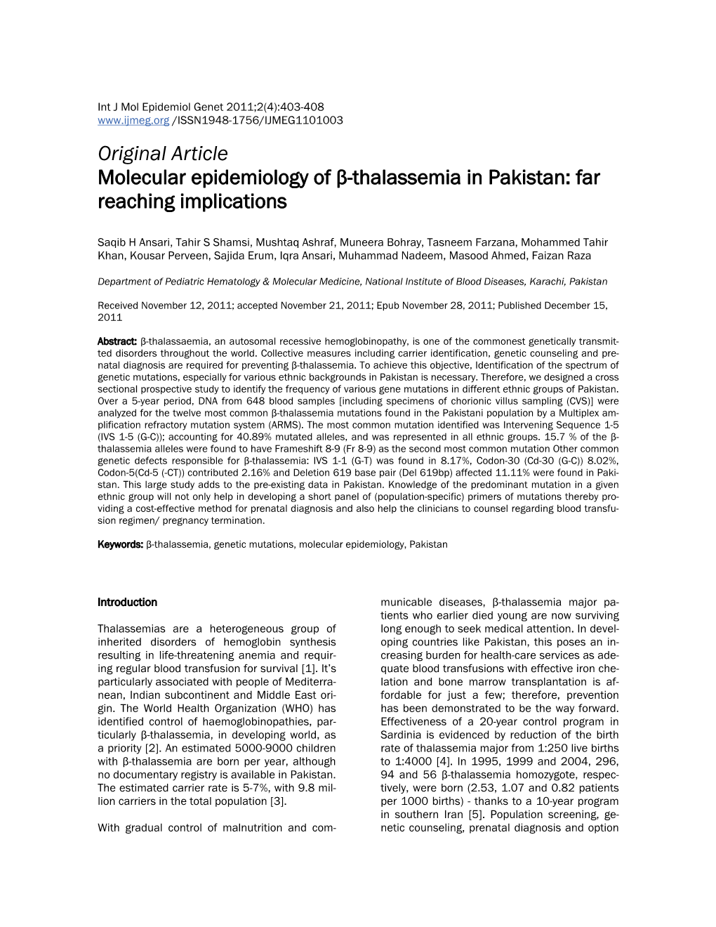 Molecular Epidemiology of Β-Thalassemia in Pakistan: Far Reaching Implications