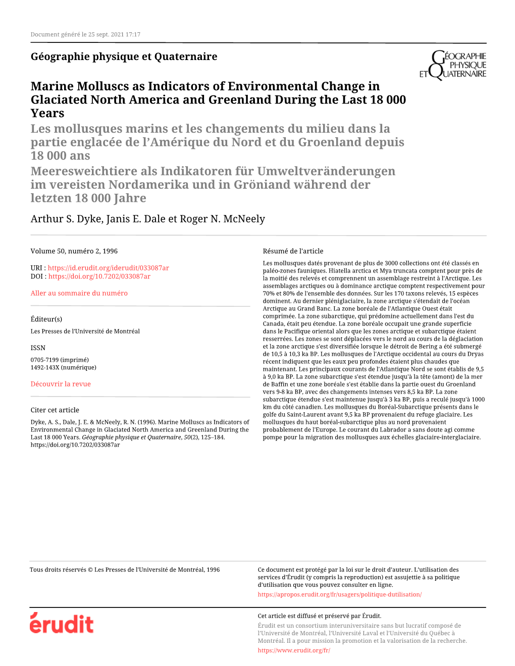 Marine Molluscs As Indicators of Environmental Change in Glaciated