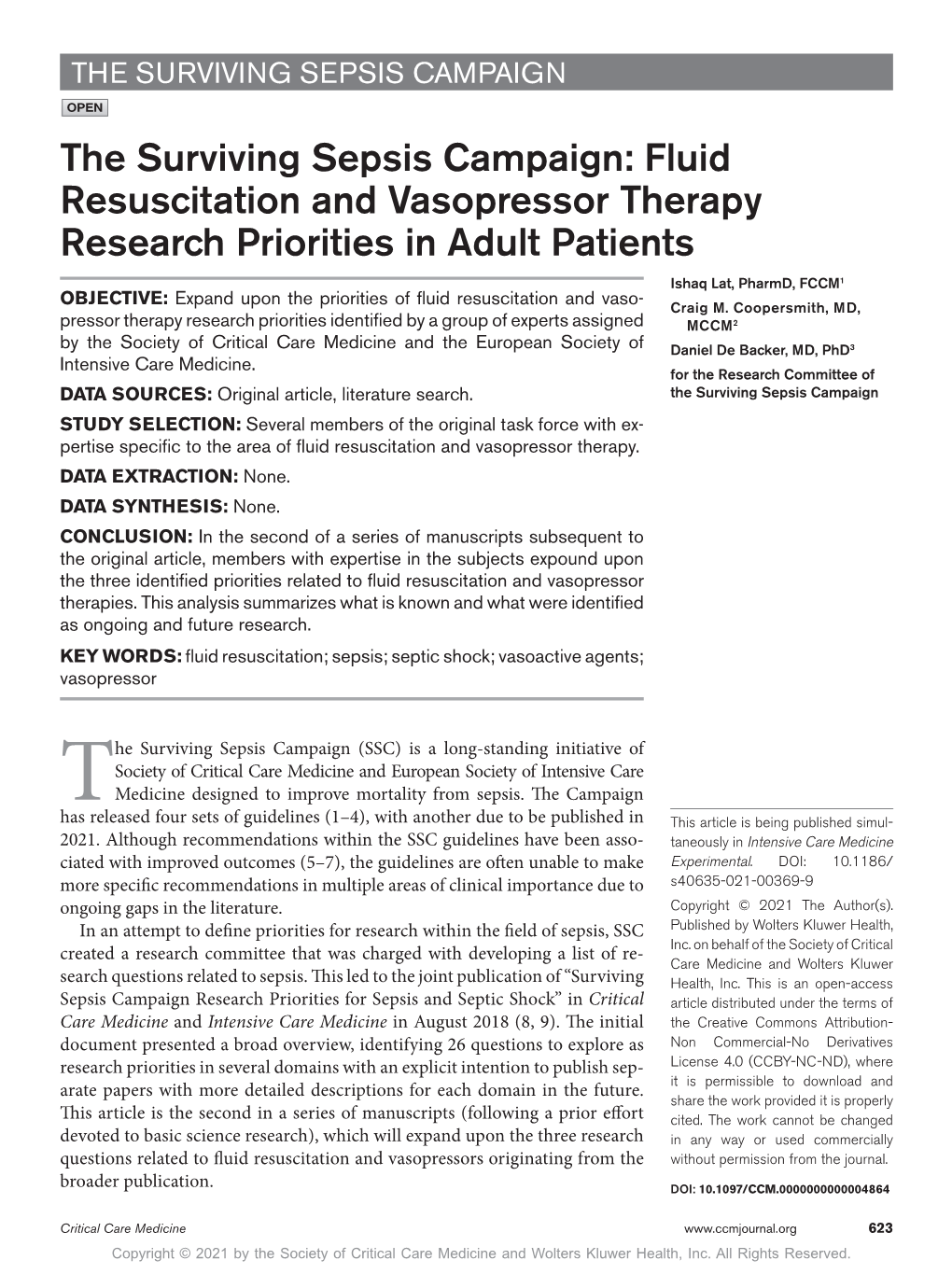 The Surviving Sepsis Campaign: Fluid Resuscitation and Vasopressor