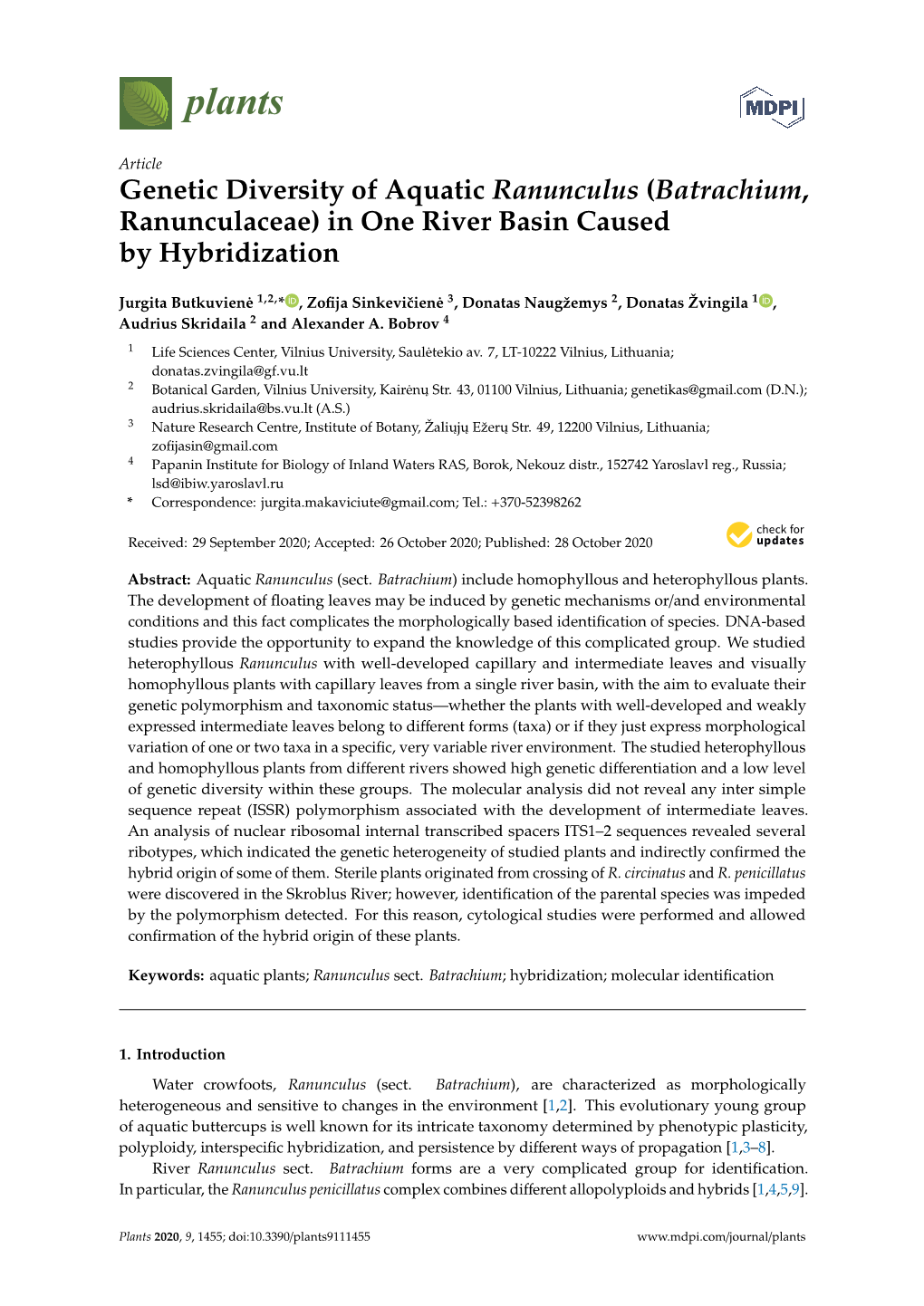 Genetic Diversity of Aquatic Ranunculus (Batrachium, Ranunculaceae) in One River Basin Caused by Hybridization