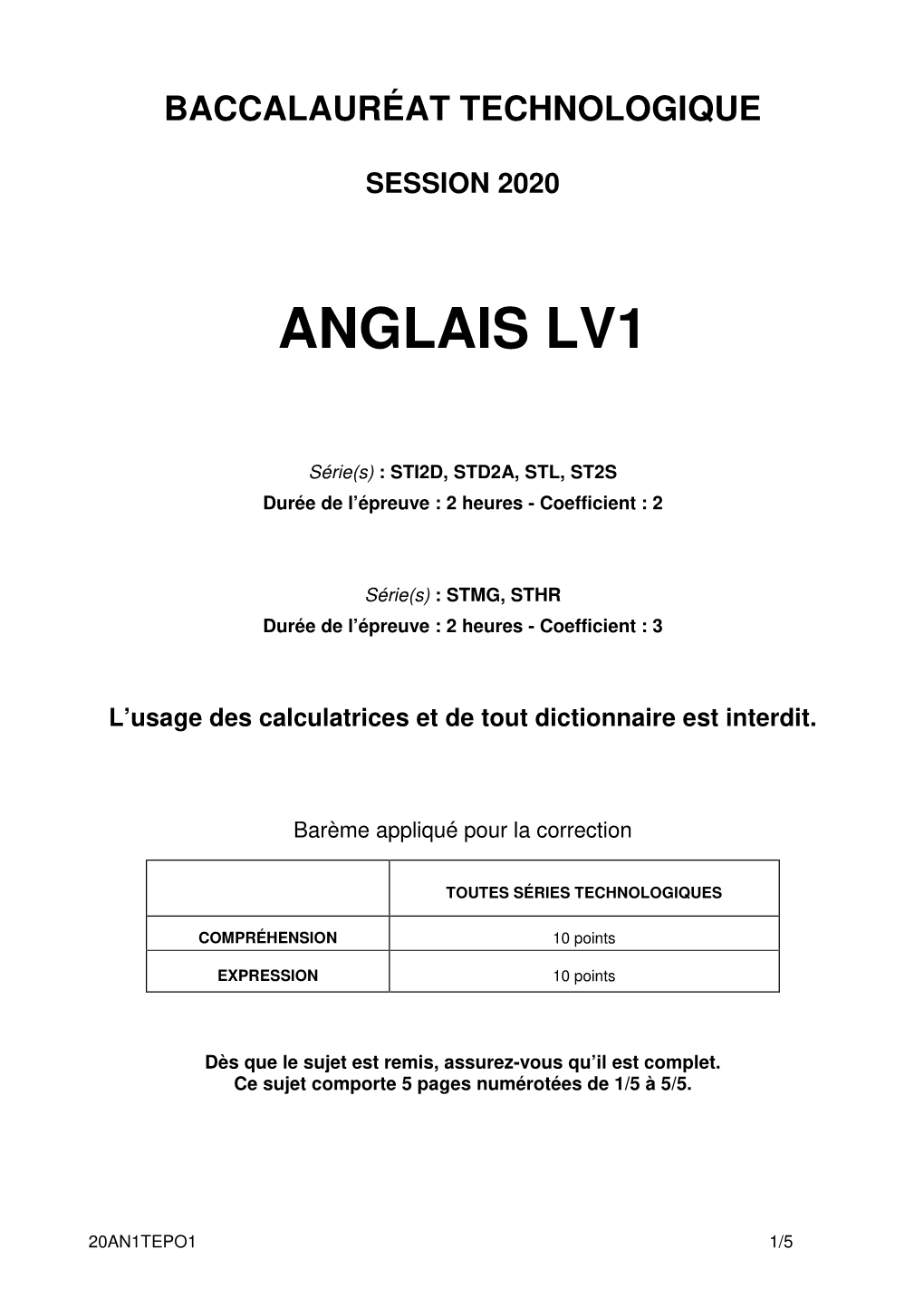 Sujet Du Bac STMG-STI2D-ST2S Anglais LV1 2020