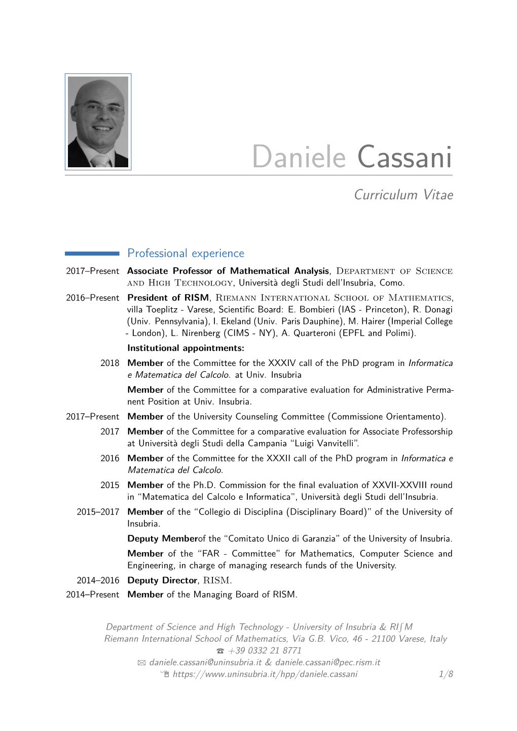 Daniele Cassani – Curriculum Vitae