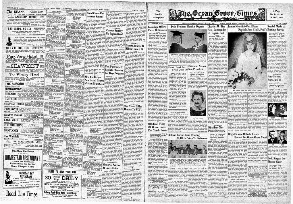 21, 1963 OCEAN GROVE TIMES, TOWNSHIP of NEP SEVEN CENTS the Names and Residences of All Offi­ Tracing As Bill Bill’S, Intends to Apply Per” at the Homo of Mrs