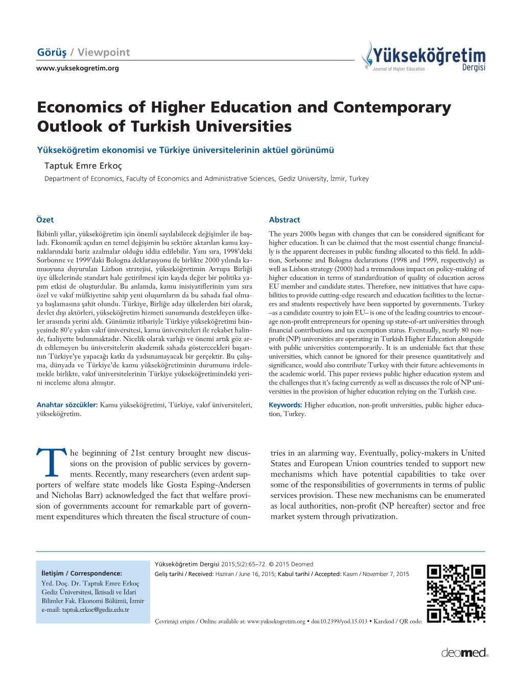 Economics of Higher Education and Contemporary Outlook of Turkish Universities