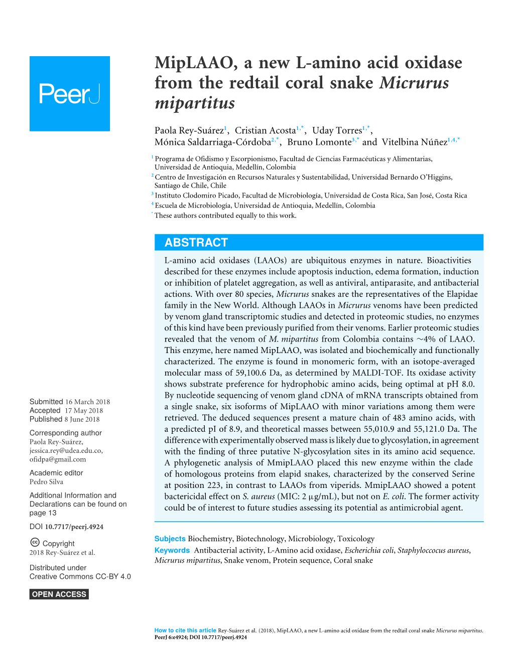 Miplaao, a New L-Amino Acid Oxidase from the Redtail Coral Snake Micrurus Mipartitus