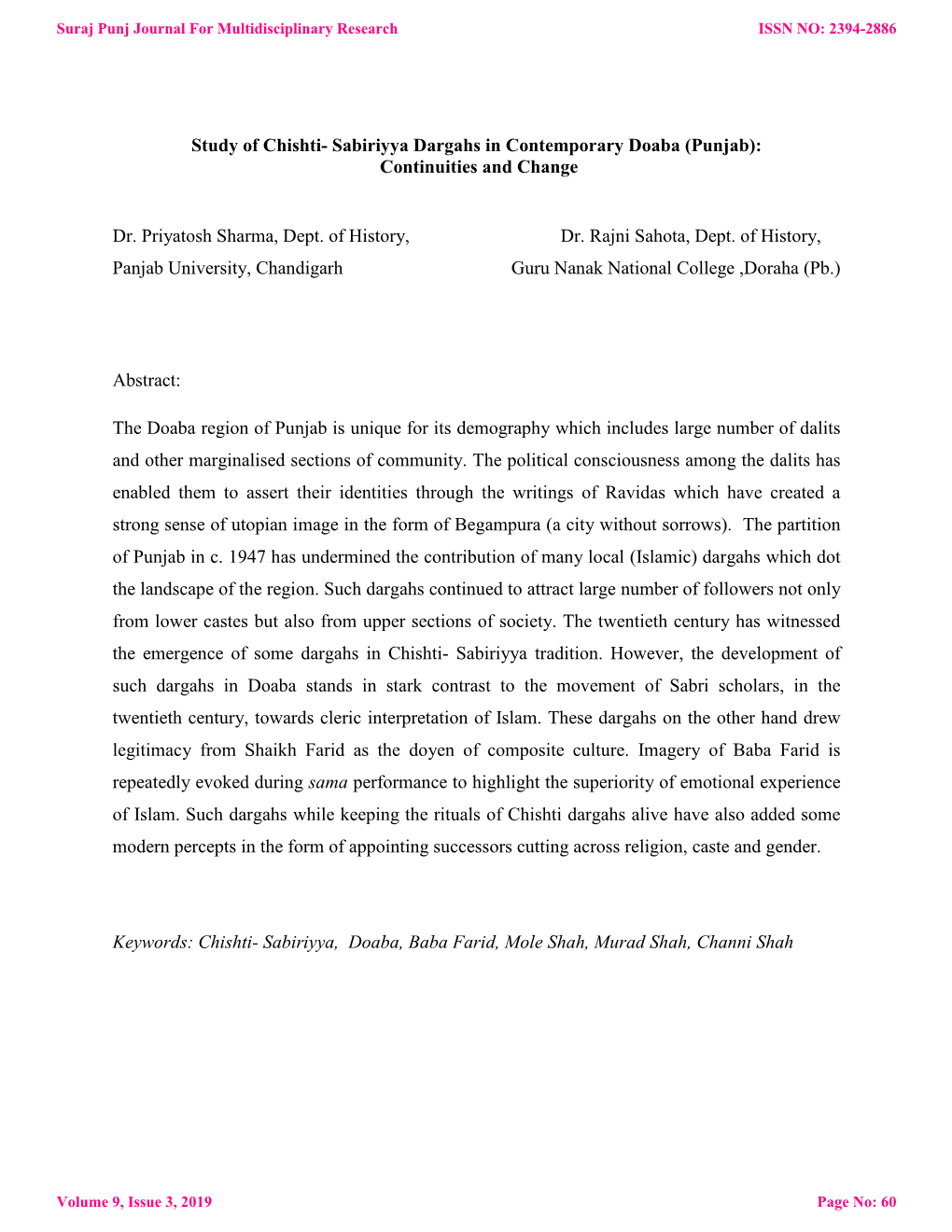 Study of Chishti- Sabiriyya Dargahs in Contemporary Doaba (Punjab): Continuities and Change