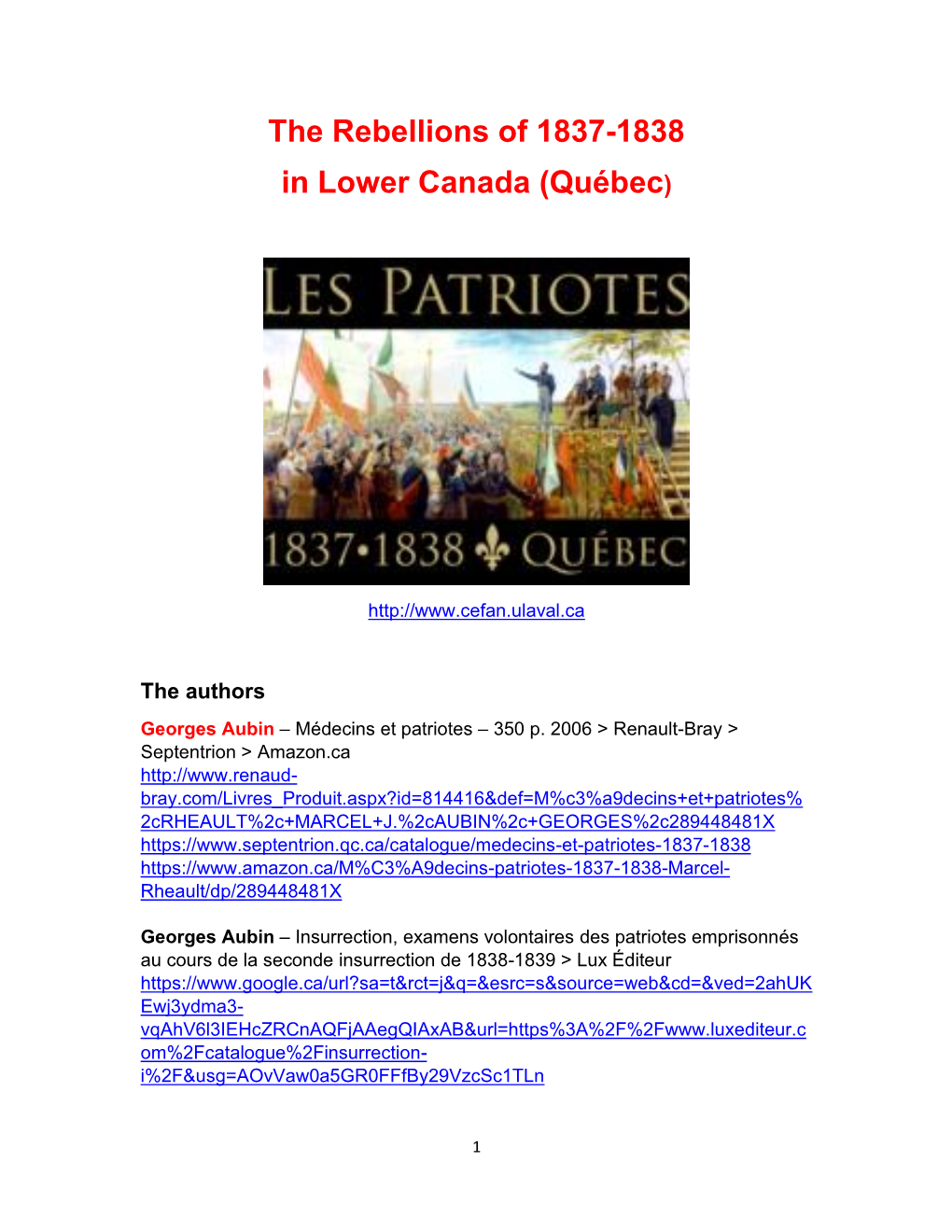 The Rebellions of 1837-1838 in Lower Canada (Québec)